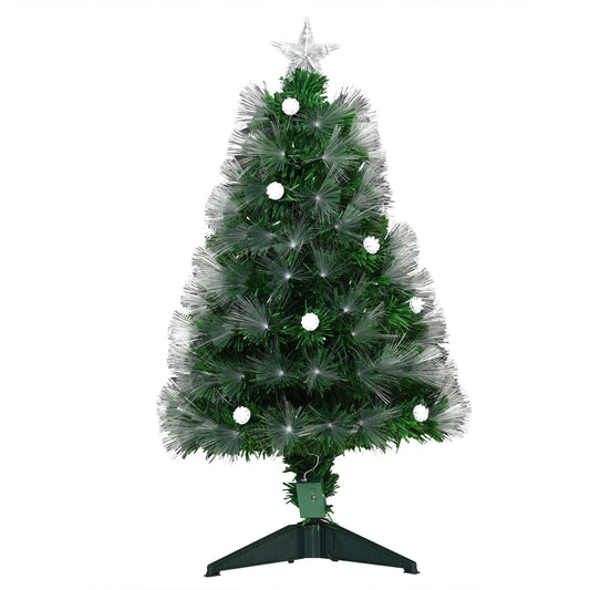 Sapin de Noël Artificiel Lumineux 90H cm Fibre Optique LED + 14 Ampoules + Support Pied 90 Branches étoile Sommet Brillante Vert