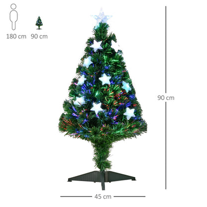 Sapin de Noël Artificiel Lumineux 90H cm Fibre Optique LED Multicolore + Support Pied 90 Branches étoile Sommet Brillante Vert
