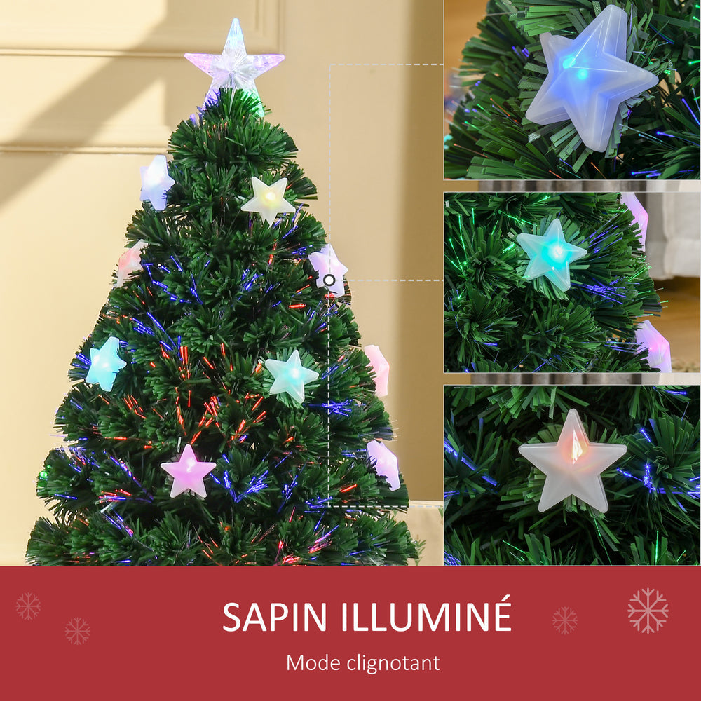 Sapin de Noël Artificiel Lumineux 90H cm Fibre Optique LED Multicolore + Support Pied 90 Branches étoile Sommet Brillante Vert