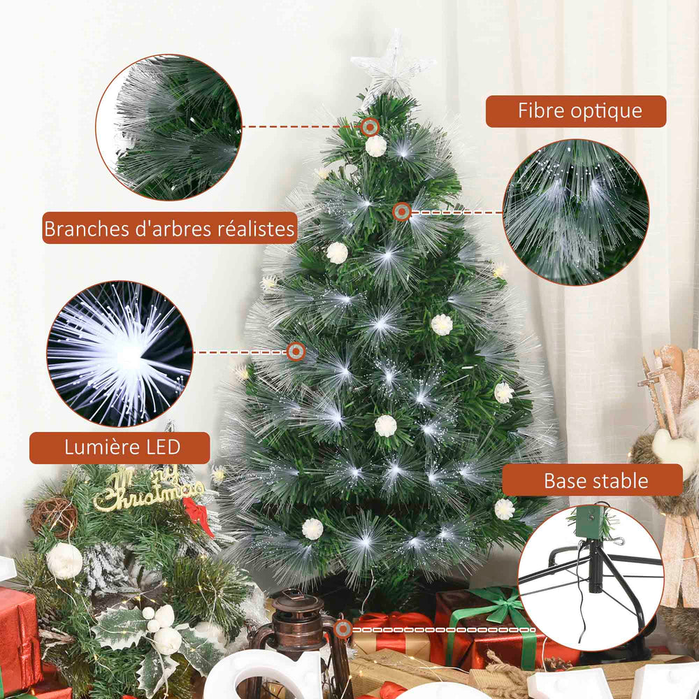 Sapin de Noël Artificiel Lumineux 120H cm Fibre Optique LED + 20 Ampoules + Support Pied 130 Branches étoile Sommet Brillante Vert