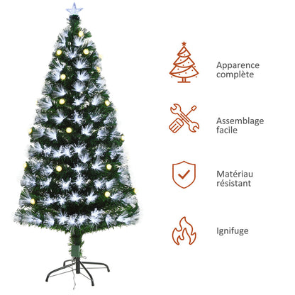 Sapin de Noël Artificiel Lumineux 120H cm Fibre Optique LED + 20 Ampoules + Support Pied 130 Branches étoile Sommet Brillante Vert