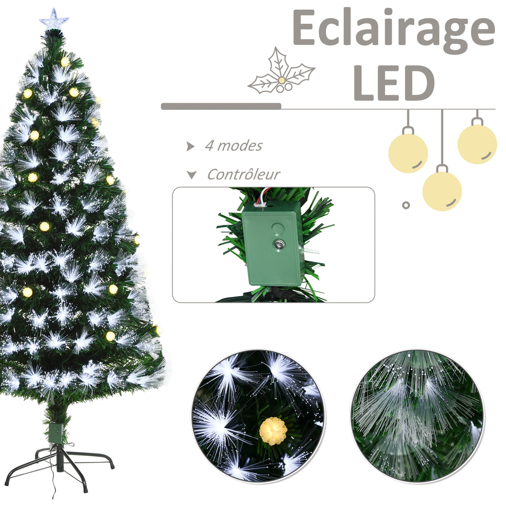 Sapin de Noël Artificiel Lumineux 120H cm Fibre Optique LED + 20 Ampoules + Support Pied 130 Branches étoile Sommet Brillante Vert