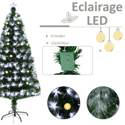 Sapin de Noël Artificiel Lumineux 120H cm Fibre Optique LED + 20 Ampoules + Support Pied 130 Branches étoile Sommet Brillante Vert