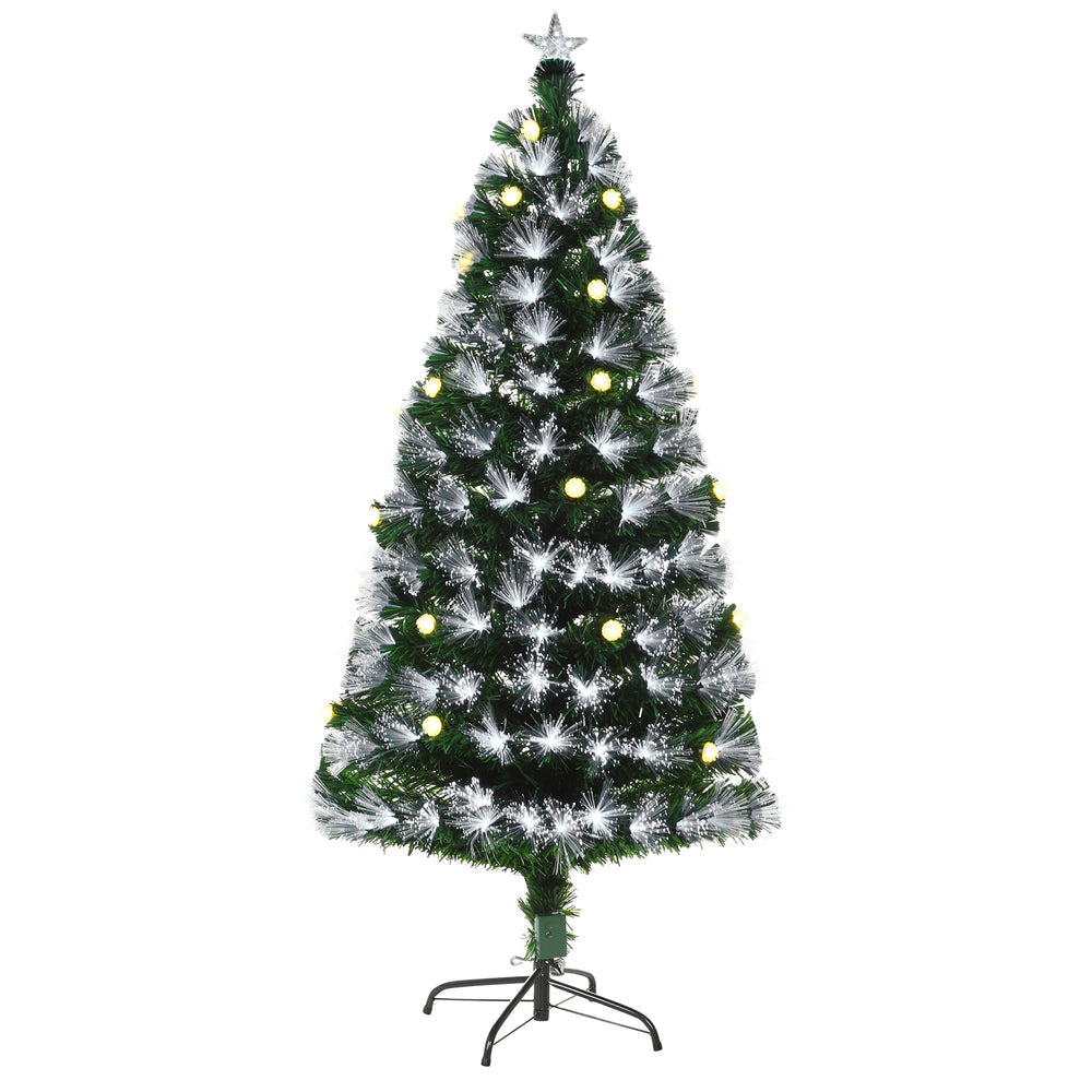 Sapin de Noël Artificiel Lumineux 120H cm Fibre Optique LED + 20 Ampoules + Support Pied 130 Branches étoile Sommet Brillante Vert
