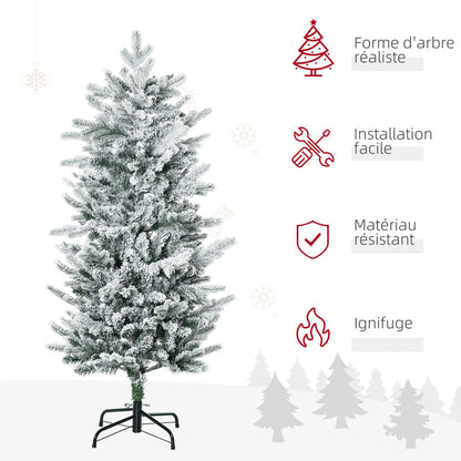 Sapin de Noël artificiel 135 cm, pin naturel enneigé, 267 branches de neige, ouverture automatique, base en acier, vert